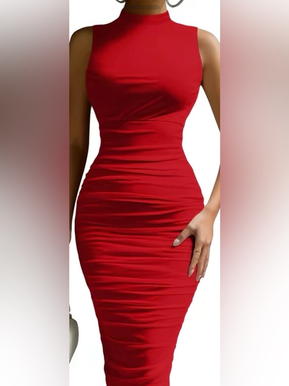 Red Ruched Bodycon Midi Dress